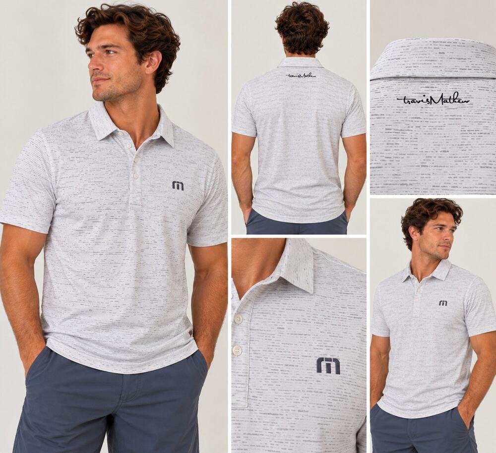 TravisMathew Men’s Medium White Gray Performance Golf Polo Short Sleeve